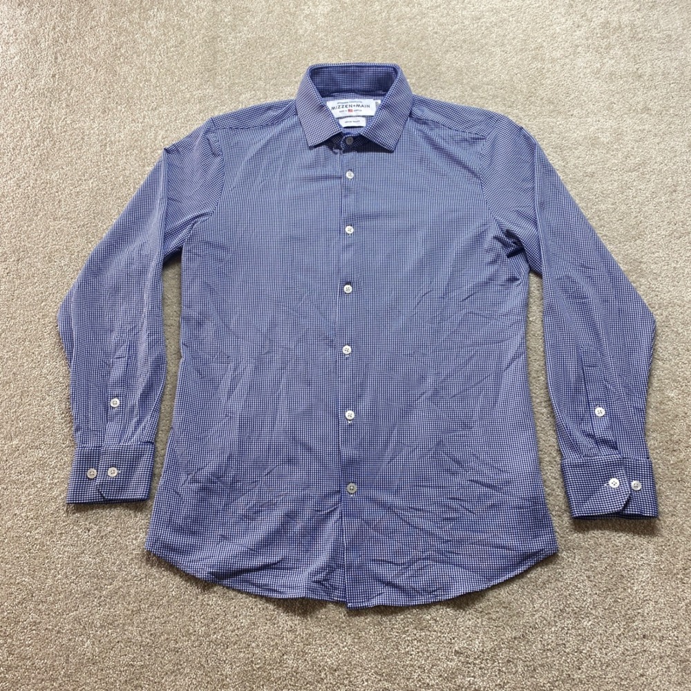 Mizzen+Main Spinnaker Collection Mens Medium Trim Fit Blue Gingham Dress Shirt